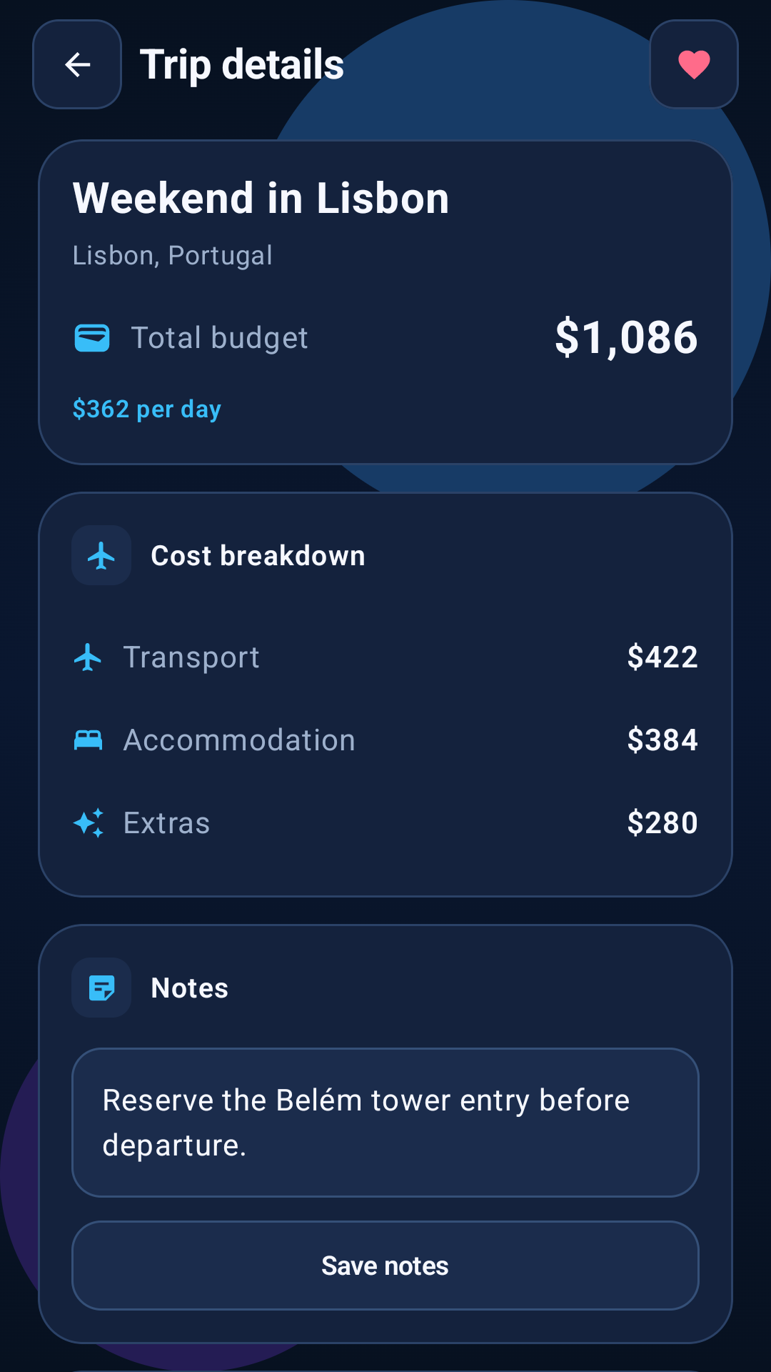 Voyage Vault trip details screen