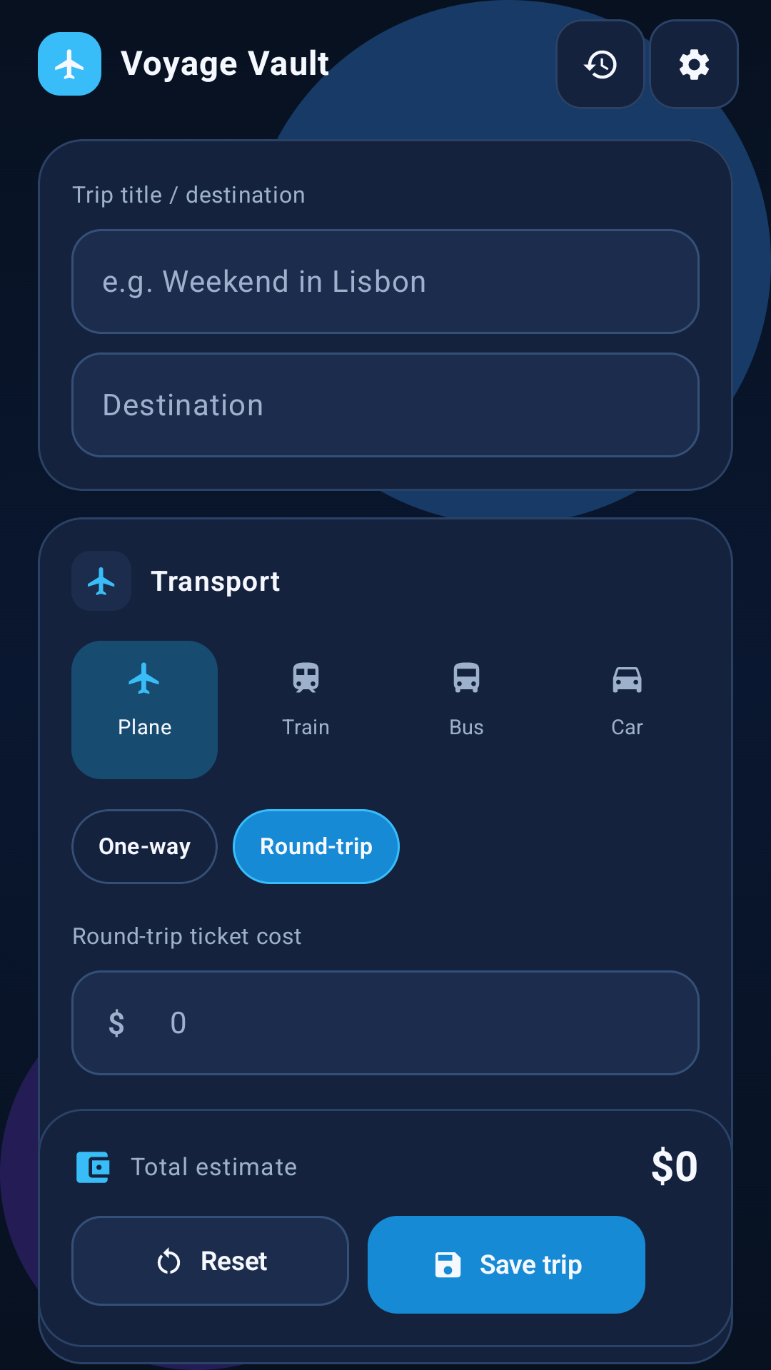Voyage Vault trip planning screen