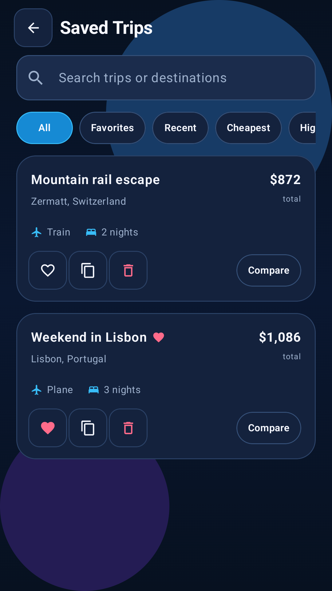 Voyage Vault saved trips screen